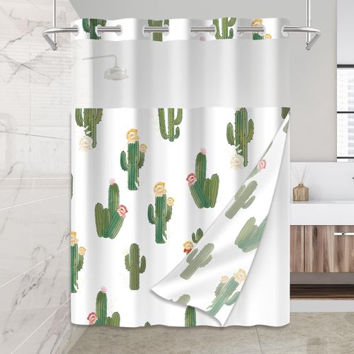 Mightree No Hook Shower Curtain Set with Snap in Fabric Liner for Bathroom,with See Through Top Window,Double Shower Curtain with Detachable Liner Replacement,Machine Washable,Cactus Pattern,71"x 74"
