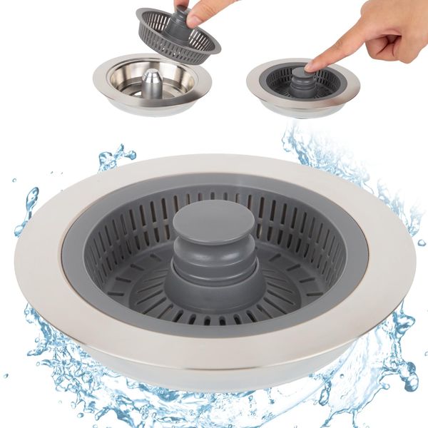 Kitchen Sink Plug Strainer Stainless Steel,Upgraded 3 in 1 Kitchen Sink Strainer,Multifunctional Strainer and Plug,Sink Plug Replacement for Food and Hair Traps,Prevents Odors,Includes 1 Strainer.