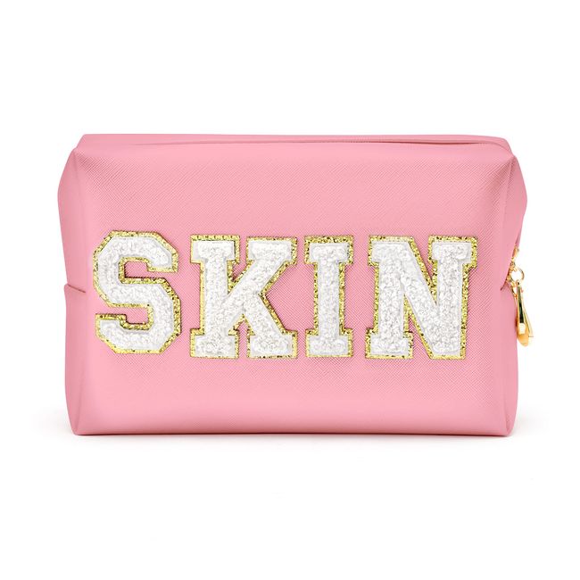 Kosmetiktasche Portable Reise Make up Tasche Wasserdichte Kulturbeute Y2k PU Leder Aufbewahrungstasche Patch SKIN Letter Reisen Ausflüge Schulmädchen Mädchen Teenager(Sakura Pink)