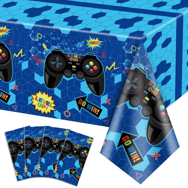 PIXHOTUL 4 Pcs Video Game Party Tablecloths, 51" x 86" Plastic Disposable Table Covers Blue Gaming Birthday Party Decorations for Boys Kids' Gamer Party Supplies