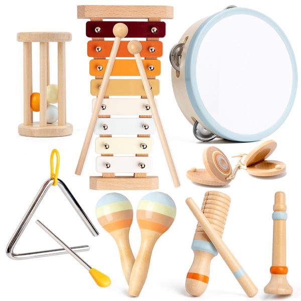 Baby Musical Instruments, Montessori Wooden Toys for Toddlers 1-3, Neutral Colors Percussion Instruments, Modern Boho Xylophone for Kids, Preschool Educational Baby Musical Toys