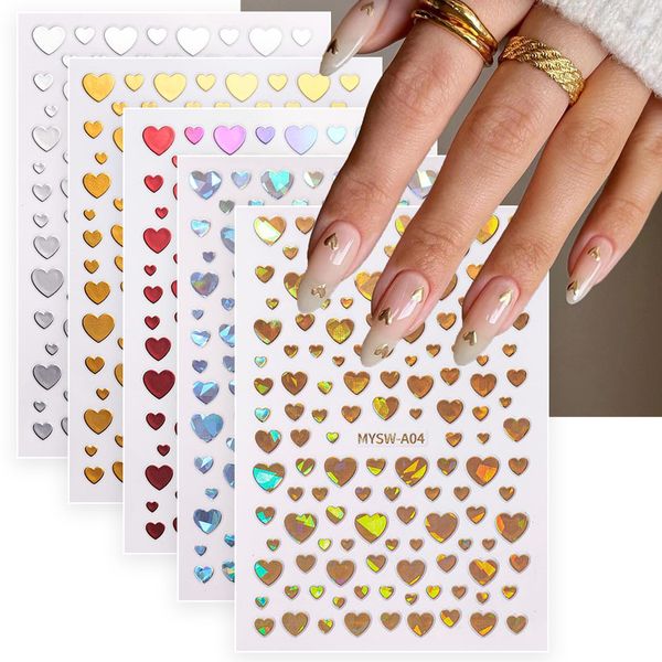 Heart Nail Stickers Valentines Day Nail Art Decal 3D Self-Adhesive Red White Black Sliver Metal Laser Heart Design Nail Stickers for Nail Supplies for Acrylic DIY Manicure Decorations 9 Sheets