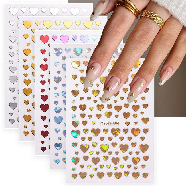 Heart Nail Stickers Valentines Day Nail Art Decal 3D Self-Adhesive Red White Black Sliver Metal Laser Heart Design Nail Stickers for Nail Supplies for Acrylic DIY Manicure Decorations 9 Sheets