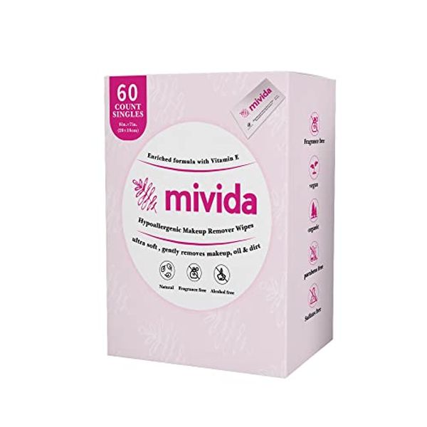 mivida Makeup Remover Wipes, 60 Count - Hypoallergenic, Fragrance-Free, Alcohol-Free, Enriched with Vitamin E, Individually Wrapped make up wipes for Travel