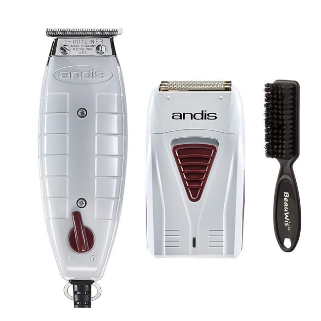 Andis Professional Finishing Combo, T-Outliner Beard/Hair Trimmer with T-Blade, Gray, Model GTO - Cordless Mens Lithium Battery Titanium Foil Shaver (17195) - Bundled with BeauWis Brush
