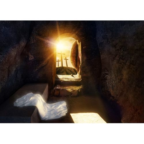 BELECO 7x5ft Fabric Easter Tomb Backdrop He is Risen, Resurrection of Jesus, Empty Tomb with Shroud Crucifixion Background Christian Religious Church Easter Decor Photoshoot Studio Props