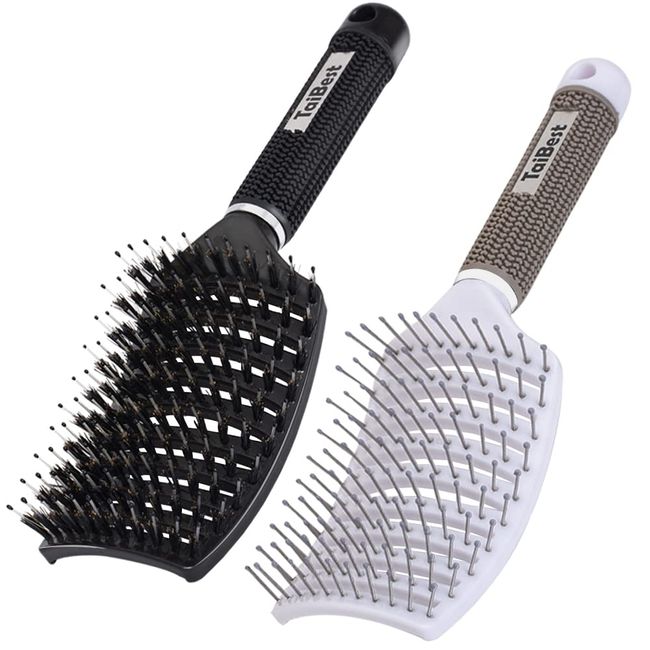 TaiBest Boar Bristle Hair Brush Set - Dry/Wet Hair Brush Detangler for Fine, Thick, Curly Hair - Curved and Vented Hair Brush for Women, Men or Kids