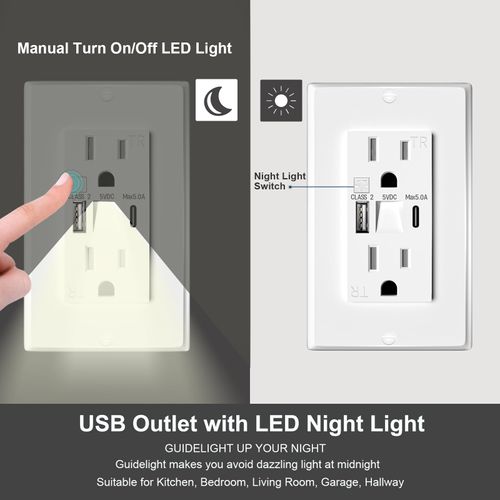 FOURHARVEST Wall Outlet with Night Lights，Outlet Lights 15 Amp Wall Outlet with USB Ports,USB Outlet Wall Plate with led Night Lights with Type A & Type-C USB in-Wall Charger,White (1)