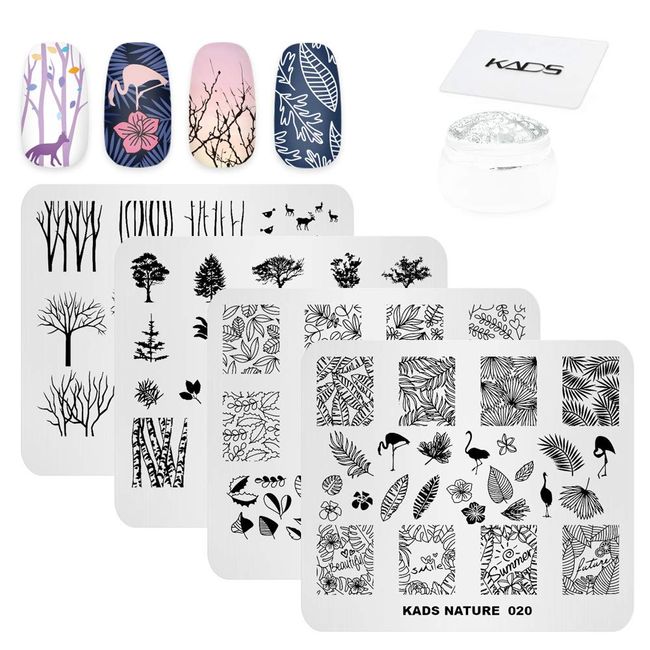 KADS Nail Stamp Plate Set (4 Plate + 1 Stamp + Scraper) Cute Flamingo/Fox, Beautiful Floral Pattern Tree Natural Nail Image Plate (Set 2)