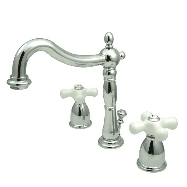 Kingston Brass KB1971PX Heritage Widespread Lavatory Faucet with Porcelain Cross Handle, Polished Chrome,8-Inch Adjustable Center