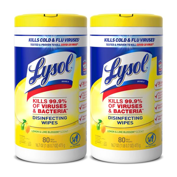 Lysol Disinfectant Wipes Multi-Surface Antibacterial Cleaning Wipes For Disinfecting and Cleaning Lemon and Lime Blossom 80 Count (Pack of 2)