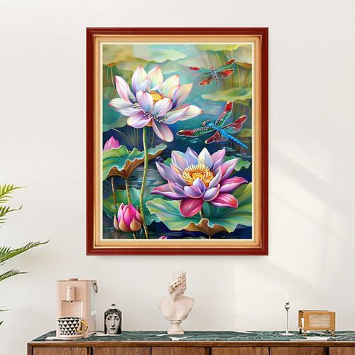 Findvoor Stamped Cross Stitch Kits for Beginners Full Range of Cross Stitching Embroidery Pattern for Kids or Adults, 11CT DIY Needlepoint Embroidery Starter Kits-Lotus Dragonfly 16x20 inch