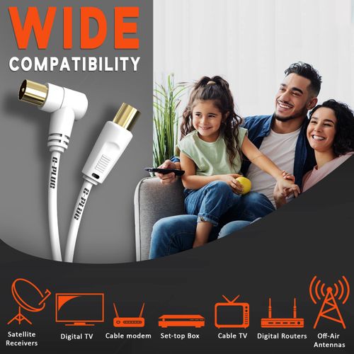 2m Long TV Aerial Right Angle with Plug Adapter - Coaxial Satellite Cable TV Antenna AV Lead Male to Male with RF Connector Coax Extension Gold - FreeView, FreeSat, Sky Box, BT
