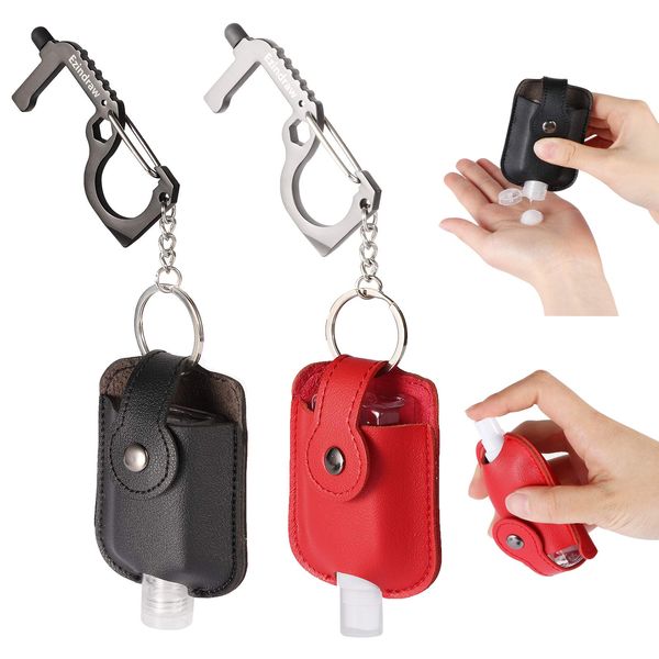 2 PCS Portable Hand Sanitizer Spray Case, Premium PU Leather Hand Sanitizer Keychains Holders with Door Opener Tool, Spray or Squeeze Empty Bottles, Cute Travel Mist Case for Backpack, Red, Black