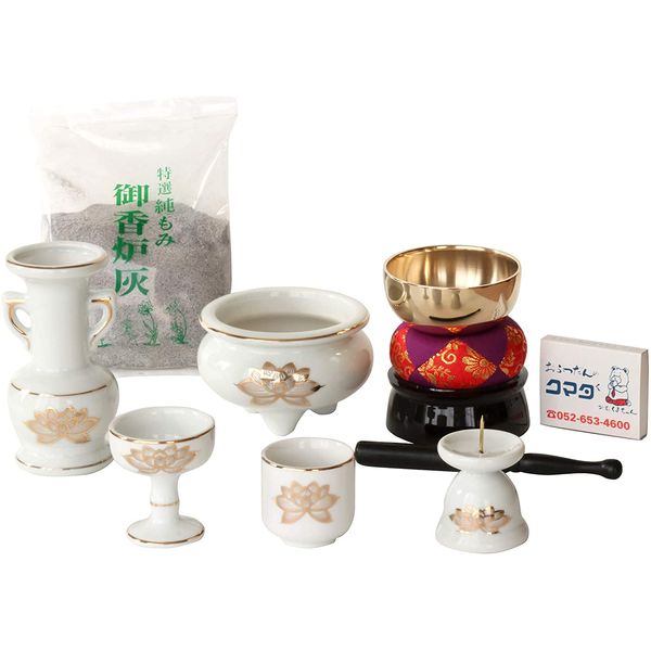 Buddhist Altar Set, White, Golden Lotus, Pottery, 5 Piece + Orin Set, Incense Burner Ash, Match, For Modern Mini Buddhist Altar, White Porcelain