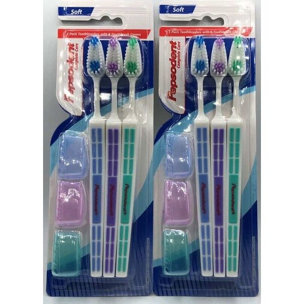 2PC Pepsodent Complete Care Multi Pack W/ Cover~ 6 TTL Toothbrushes~Soft Bristle