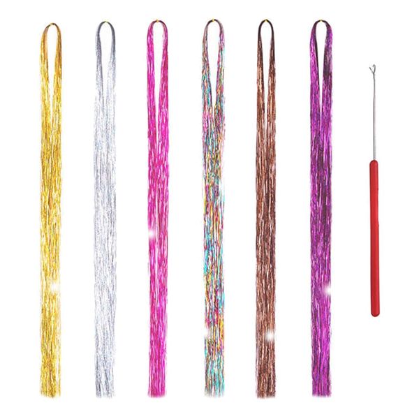 CUHZA Farbige Haarverlängerung, 6 Stück Glitzer Haarsträhnen, Bunte Haarsträhnen, 90cm Bunte Haarteile, Bunte Haarverlängerung Mit 1 Häkelnadel für Frauen/Mädchen Party Festival Deko, 6 Farben