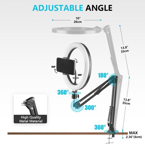 PIOENIMAGE 10" LED Ring Light for Desk, Overhead Phone Mount with Selfie Ring Light and Phone Holder, Overhead Phone Mount Studio Lights for Photography, Video Recording, Live Stream, Makeup