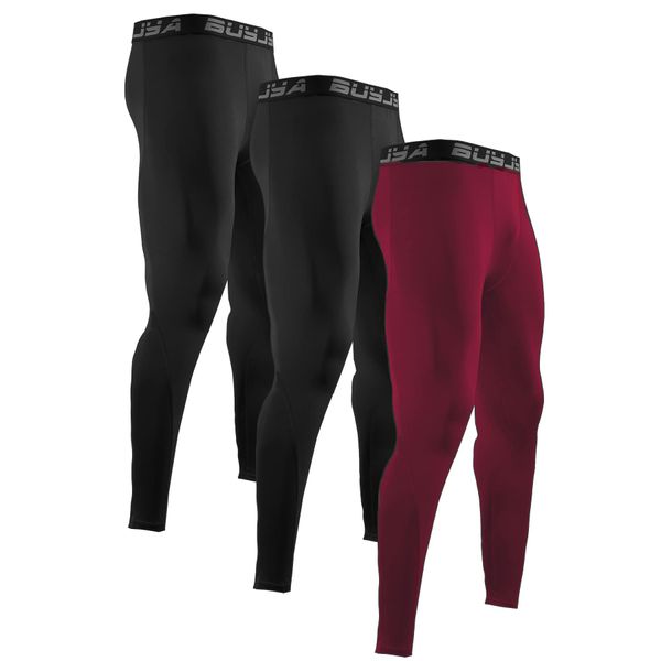 BUYJYA 3 oder 5er-Pack Herren-Kompressionshosen, Laufstrumpfhosen, Workout-Leggings, sportlich, kühl, trocken, Yoga, Fitnessstudio, Kleidung, Geschenk, Schwarz-Schwarz-Purpurrot, X-Groß