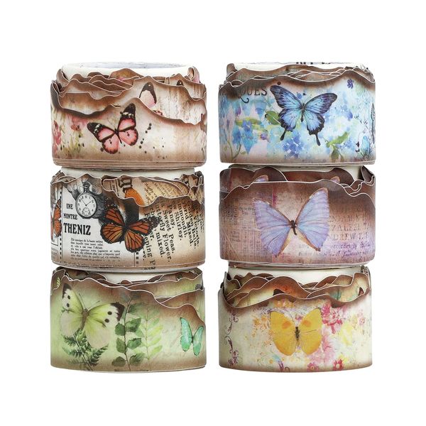 NOGAMOGA Vintage verbrannt aussehende Rand Washi Tape Set, 6 Rollen, Schmetterling verbrannt Washi Tape, bunte Tape-Kit für Scrapbooking, Junk Journaling, alte verbrannt dekorative Band für DIY Crafts