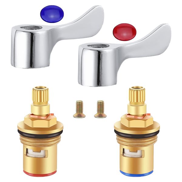 Omevett 2 Sets Tap Cartridge Replacement Mixer Tap Cartridge with Metal Lever Heads Universal 1/2" Ceramic Tap Cartridge for Kitchen Bathroom Faucet Sink Taps - Chrome Plated