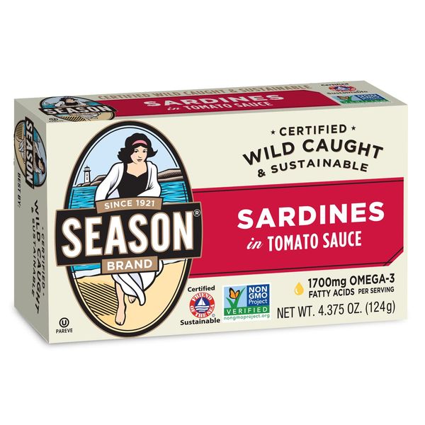 Season Sardines in Tomato Sauce – Wild Caught, 22g of Protein, Keto Snacks, More Omega 3's Than Tuna, Kosher, High in Calcium, Canned Sardines – 4.37 Oz Tins, 6-Pack