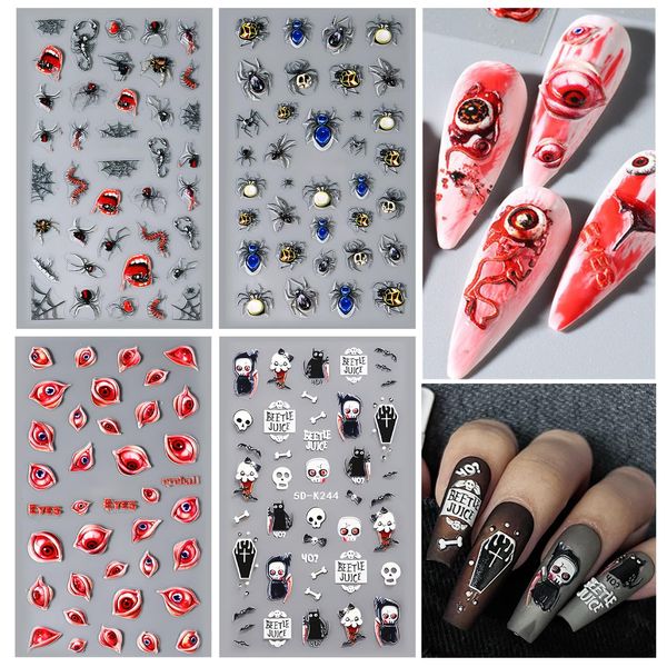 Adesivi Unghie Decalcomania Halloween,Manicure Fai Da Te Decorazione di Halloween Nail Art Stickers, 5D Teschio Ragno Zucca Pipistrello