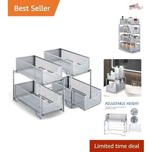 2-Tier Under Sink Organizer - Versatile Sliding Storage Drawer - Silver