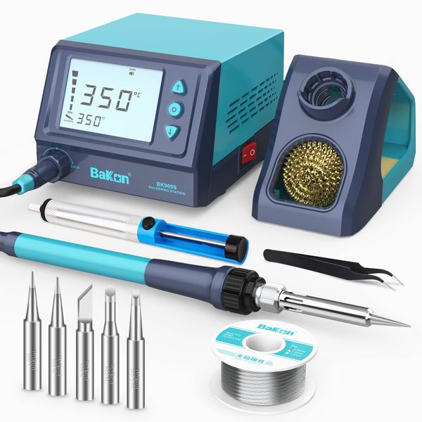 BAKON 969S Soldering Iron Kit,60W Digital Soldering Station with Sleep Mode,Fast Heating Up,°C/ºF Conversion(356℉-896℉),Password Lock,ESD Safe,Solder Sucker,Tweezers,50g Solder,5 Extra Iron Tips