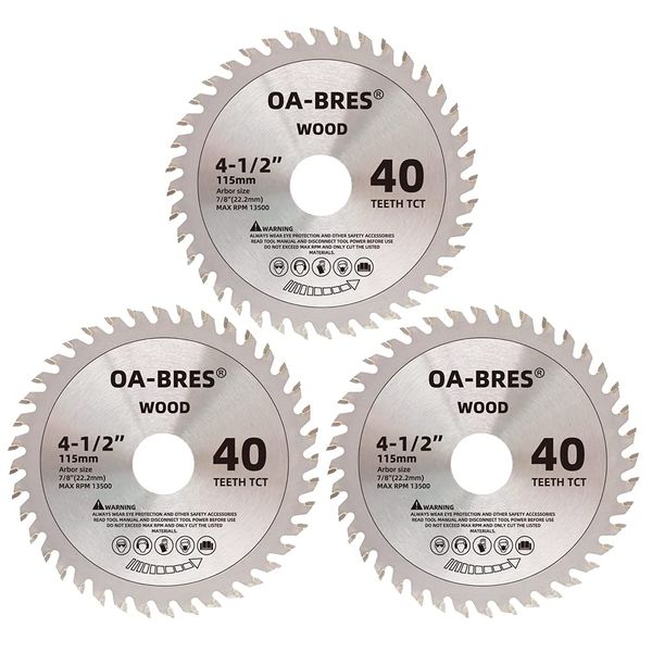 3Pack 4-1/2-Inch 40T TCT Circular Saw Blade with 7/8-Inch Arbor, Carbide Tipped Teeth General Purpose Hard & Soft Wood Cutting Saw Blade for Angle Grinder