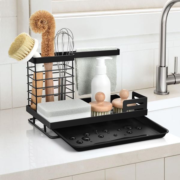 OTraki kitchen Sink Organiser Rack, Sink Tidy Kitchen Sink Organizer, Sponge Holder Metal, Sink Tidy Caddy, Caddy Brush Cloth Dish Sponge Holder with Drain Tray, Black