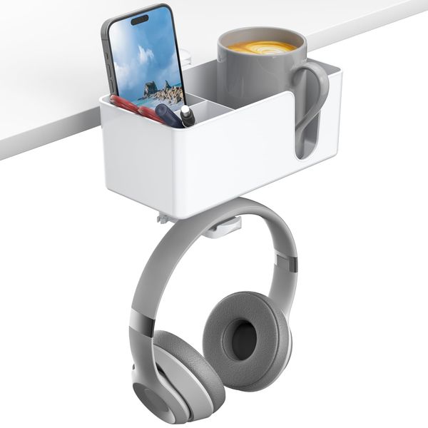 KDD 4 in 1 Desk Organizer - Under Desk Headphone Hook with 2 Wire Holes - Rotatable Headphone Hanger and Removable Desk Storage for Smartphones, Cups and Pens (White)