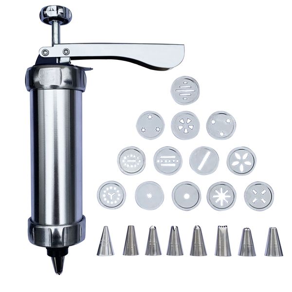 Cookie Press and Icing Set, Aluminium Alloy Cookie Decorating Tools, Excellent Baking Supplies, Including 13 Cookie Pattern Discs and 8 Icing Nozzles