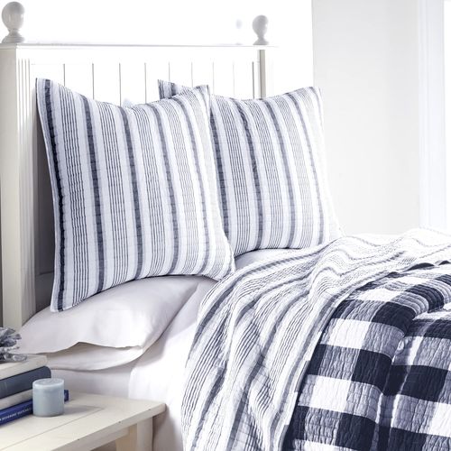 Levtex Home - Camden - Euro Shams (Set of 2) - Quilt Back Stripe - Subtle Famhouse Stripe - Navy and Cream - (26x26in.), No Insert