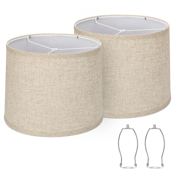 Lampshades Set of 2, Drum Lampshades 11.6" Top x 12.6" Bottom x 9.8" High, Seaside village Medium Lampshades (Spider Fitter), Beige Lampshades Natural Linen Hand Crafted, Easy Assembly Required