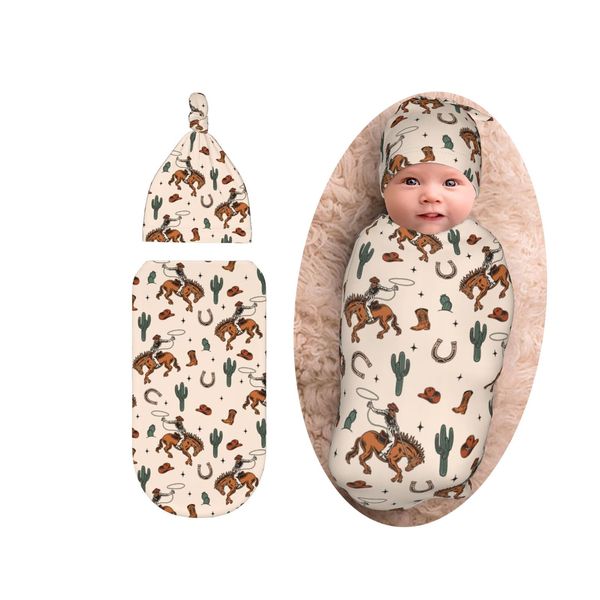 Western Baby Stuff Swaddle Blanket With Beanie Set, Soft Cactus Baby Swaddle Sack Newborn Sleeping Sacks For Girls Boys