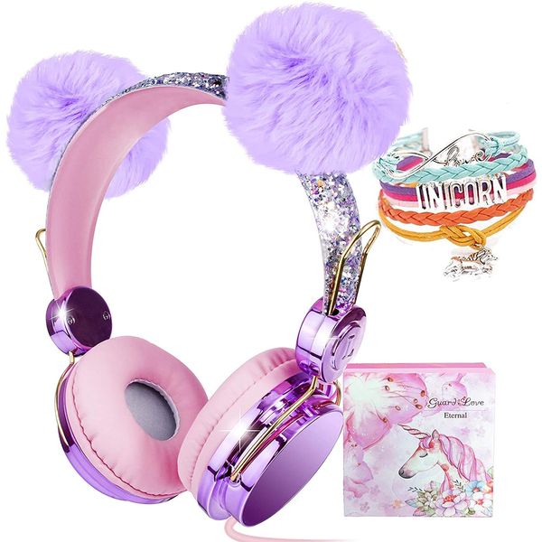 JYPS Kids Headphones, Purple POM POM Bear Ear headphones with Adjustable Headband, Sparkly Rhinestones, Over Ear Headphones for w/Mic for Girls/Teens/School/Kindle/Tablet/PC (Wired)