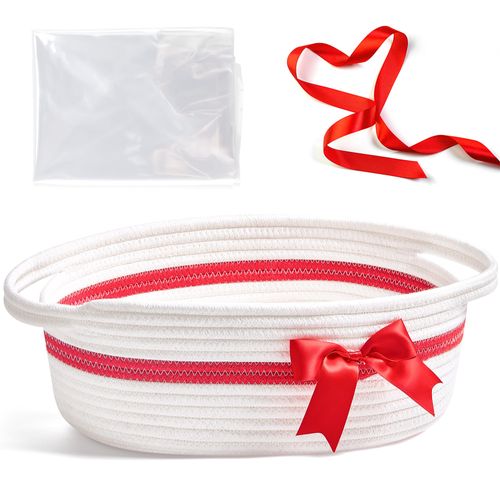 Yeeeasy Gift Basket with Bow and Bag - Home Decor Rope Storage Container for Baby Toys - White, 13.5" X 8.5" X 5.5" with Handles