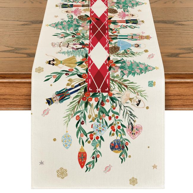 Artoid Mode Red Nutcracker Floral Holly Christmas Table Runner, Seasonal Winter Kitchen Dining Table Decoration for Home Party Decor 13x72 Inch