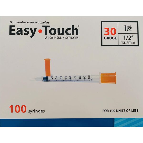 Easy Touch Syringes, 30 Gauge 1cc ½, 100 Syringes Each Box (0.5 30Gx1/2)