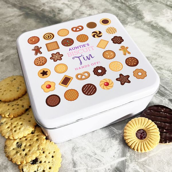 Fingerprint Designs Personalised Square Assorted Auntie's Biscuit Hands Off Cake Tin