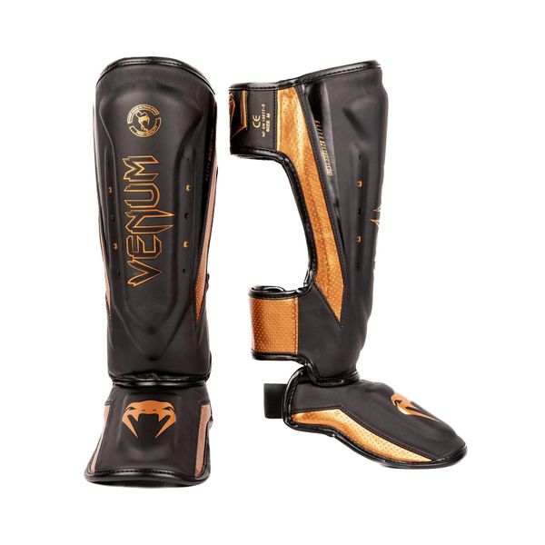 VENUM Leg Guards ELITE EVO SHINGUARDS //Legers Kickboxing Sparring Protective Gear Shin Guards Martial Arts (Large, Black x Bronze)