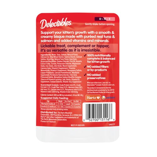 Hartz Delectables Bisque for Kittens, Complete & Balanced Tuna & Salmon Cat Wet Lickable Treats, 12 Count