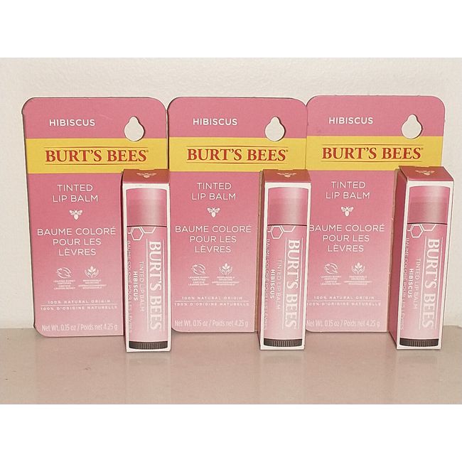 Burt's Bees Tinted Lip Balm Hibiscus 3 Lot 100% Natural HTF BNIB