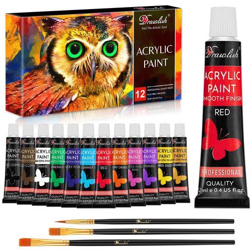 Acrylic Paints Set of 12 with 3 Paint Brushes & (12ml) Tubes | Highly-Pigmented Fabric Paint | Ideal for Canvas, Wood, Ceramic, Glass & Rock Painting