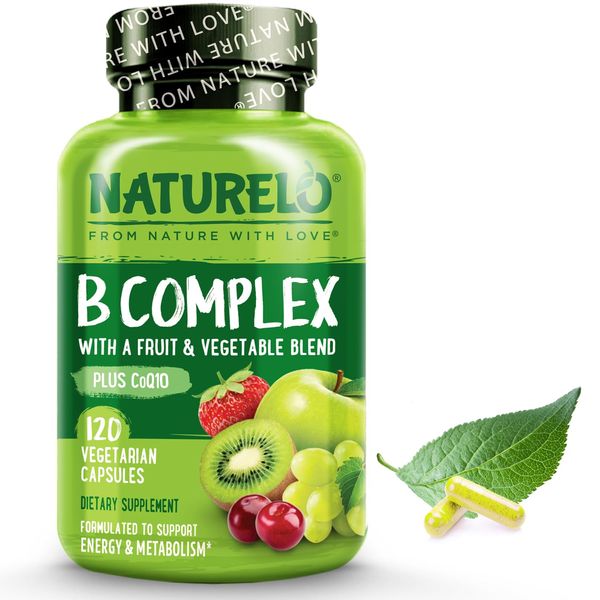 NATURELO Vitamin B Complex with Methyl B12, Methyl Folate, Vitamin B6, Biotin Plus Choline, CoQ10, and Fruit & Vegetable Blend - Supports Energy & Healthy Stress Response - Vegan - 120 Capsules