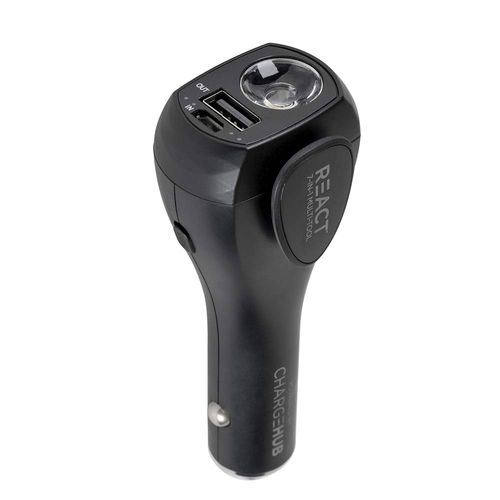 React 7-in-1 Vehicle Emergency Multi-Tool by ChargeHub with 2200mAh Power Bank, USB Car Charger, Window Breaker, Concealed Seat Belt-Cutter, Flashlight, Red Flashing Light, & Audible S.O.S Alarm.
