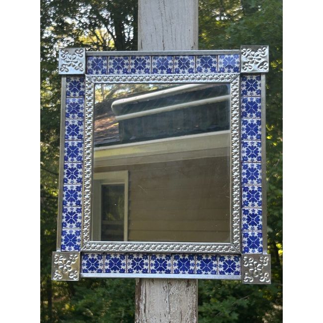 Mexican Handmade Punched Tin Talavera Tile Rectangle 13x12 Frame 9x8 Mirror A05