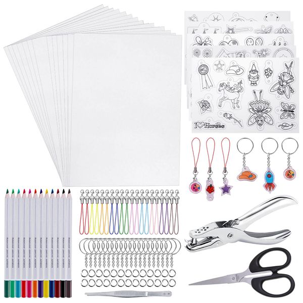 shynek Shrinky Film Sheets for Shrink Art, 125Pcs Shrinky Plastic Keychain Kit Including 20 Pcs Shrinky Paper, Hole Punch, Pencils, Keychains, Tweezers, Scissors for Crafts and Keychains