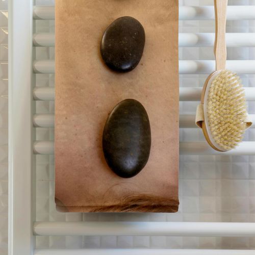 3dRose 15x22 Hand Towel - Health spa, Woman with Heated Stones on Back - LI06 MGI0002 - Mark Gibson Spas